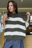  Big Softie Block Stripe Cap Sleeve Knit Top Khaki /15=